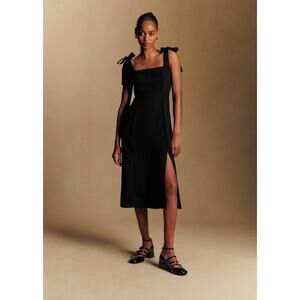 Sezane Dorotha Dress Black Midi Bow Tie Straps Smocked Back Classic Size 36